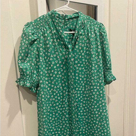 DKNY Puff Sleeve Front Print Tie Neck Mini Swing Dress Women's 6 Green Chiffon - Picture 2 of 7